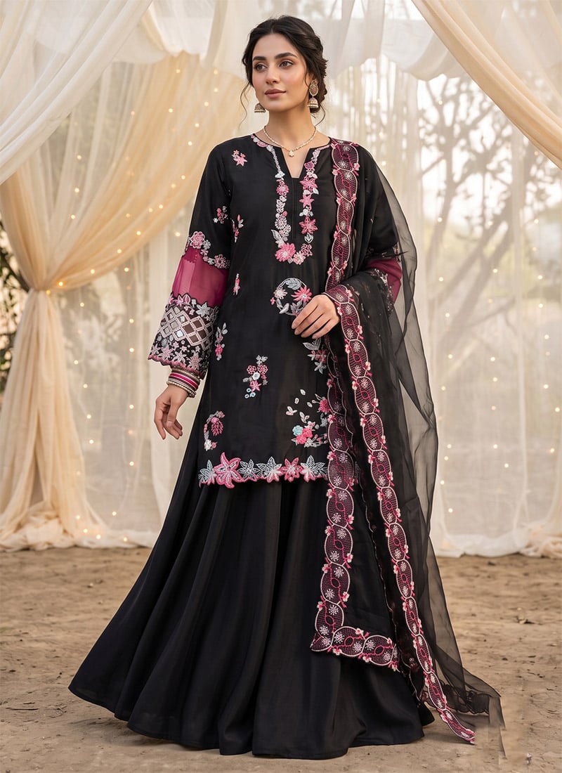 Black Pink Crepe Silk Floral Embroidered Sequins Palazzo Suit Festive Wear