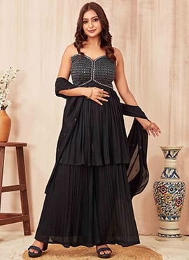 Black Poly Silk Zari Thread Embroidered Sharara Suit