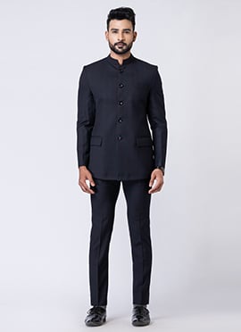 Navy Blue Polyester Bandhgala Suits