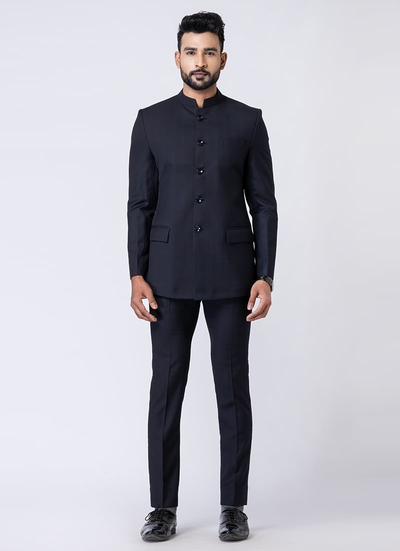 Navy Blue Polyester Bandhgala Suits