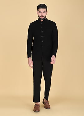Black Polyester Cotton Bandhgala Suit