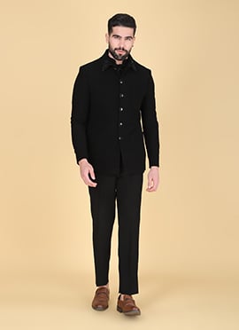 Black Polyester Cotton Bandhgala Suit