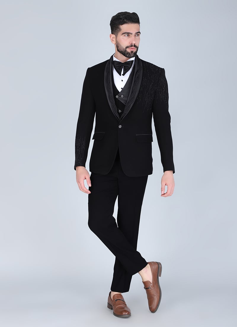 Black Polyester Cotton Beads Tuxedo Suit Wedding Wear