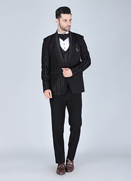 Black Polyester Cotton Beads Tuxedo Suit