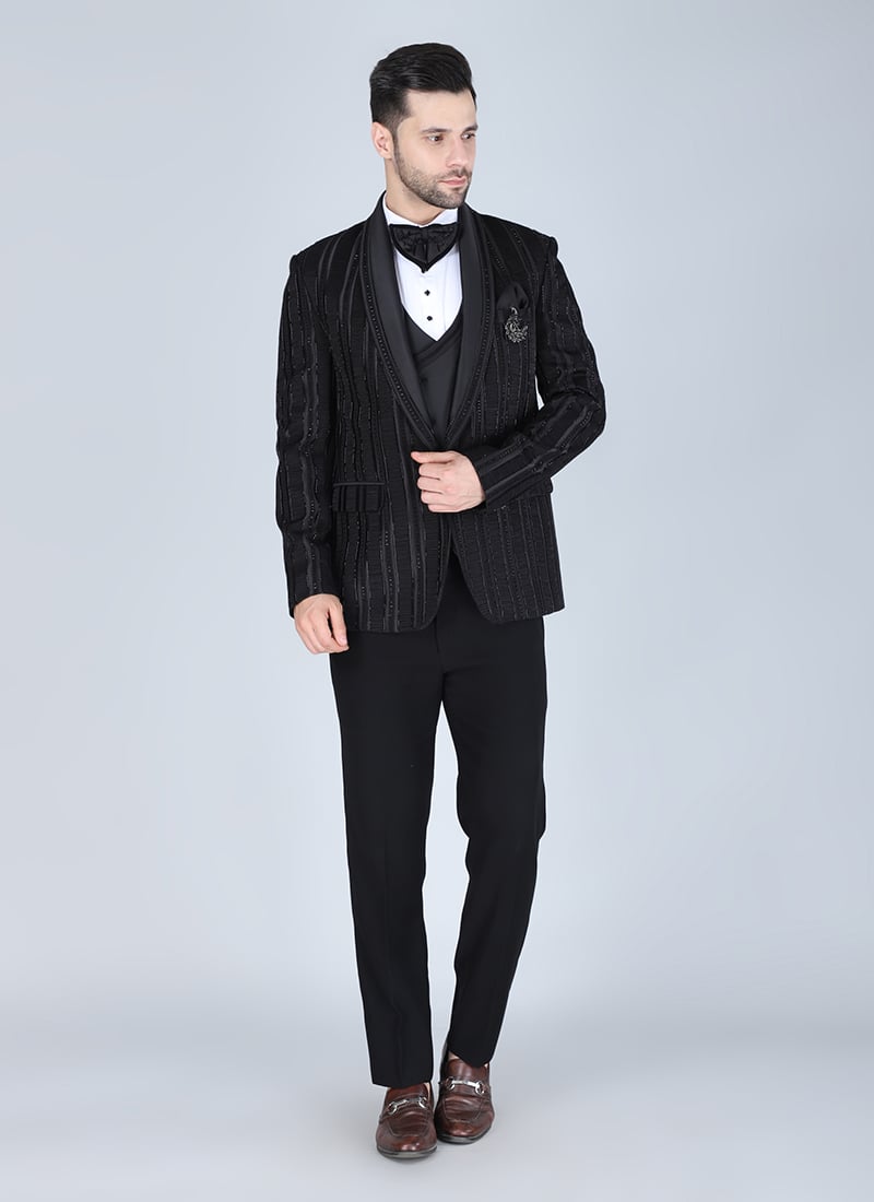 Black Polyester Cotton Beads Tuxedo Suit Wedding Wear