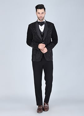 Black Polyester Cotton Beads Tuxedo Suit