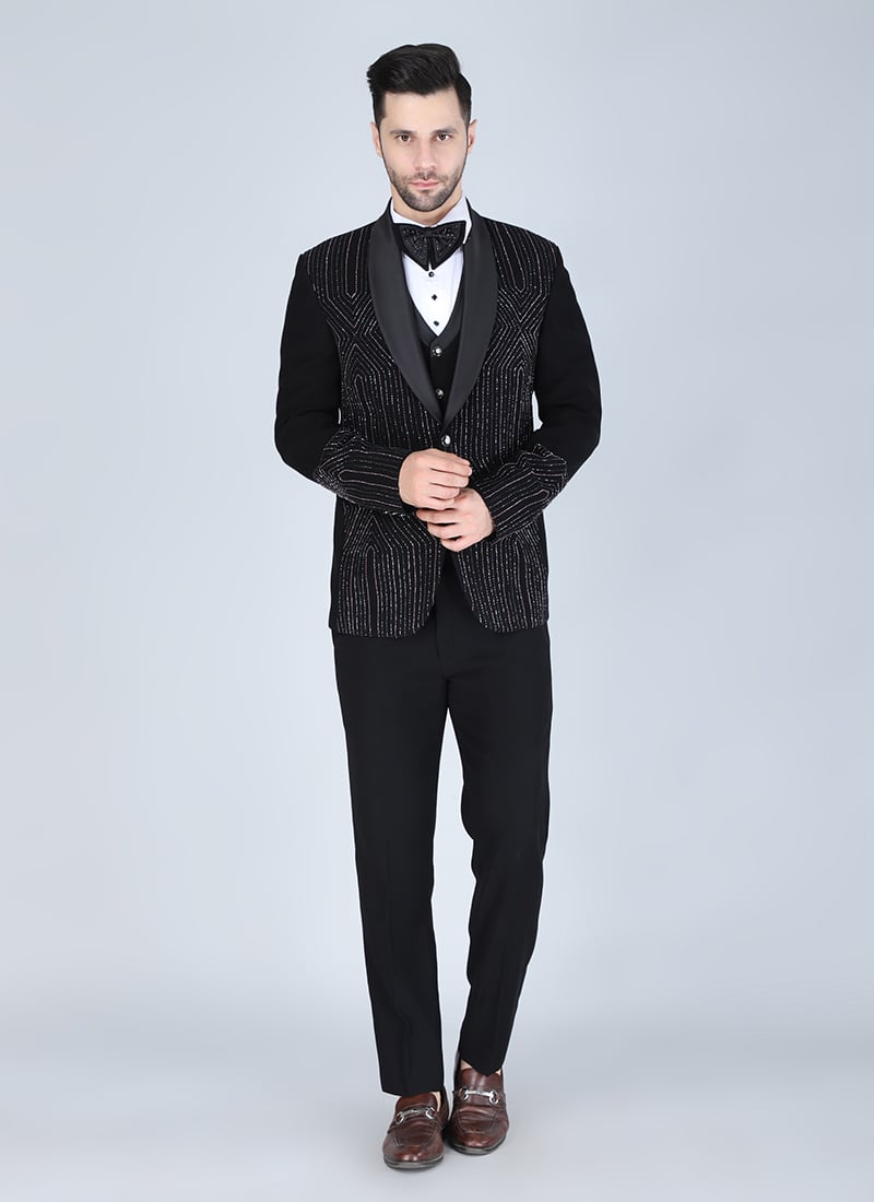 Black Polyester Cotton Beads Tuxedo Suit Wedding Wear