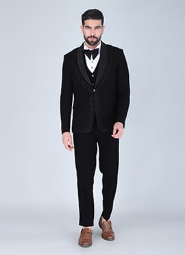 Black Polyester Cotton Beads Tuxedo Suit