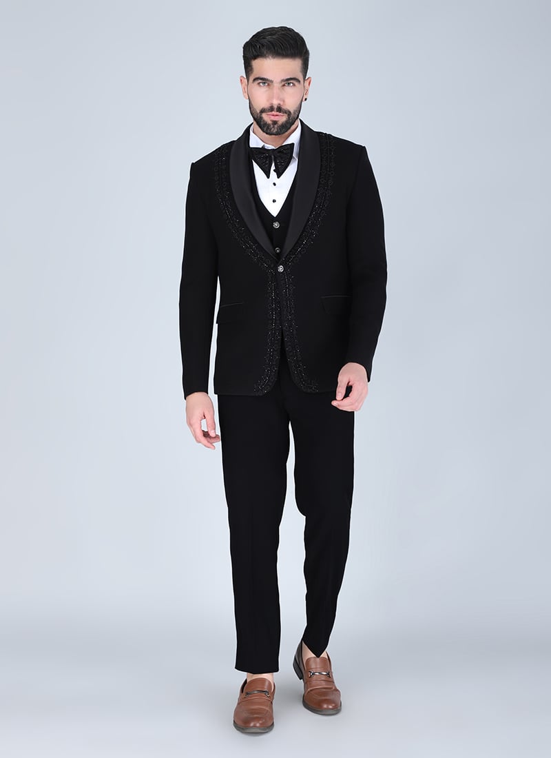 Black Polyester Cotton Beads Tuxedo Suit Wedding Wear