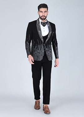 Black Polyester Cotton Embroidered Zari Tuxedo Suit