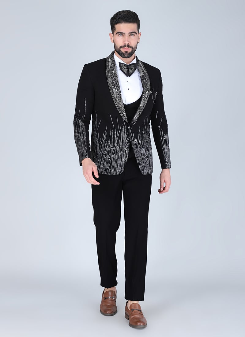 Black Polyester Cotton Embroidered Zari Tuxedo Suit Wedding Wear