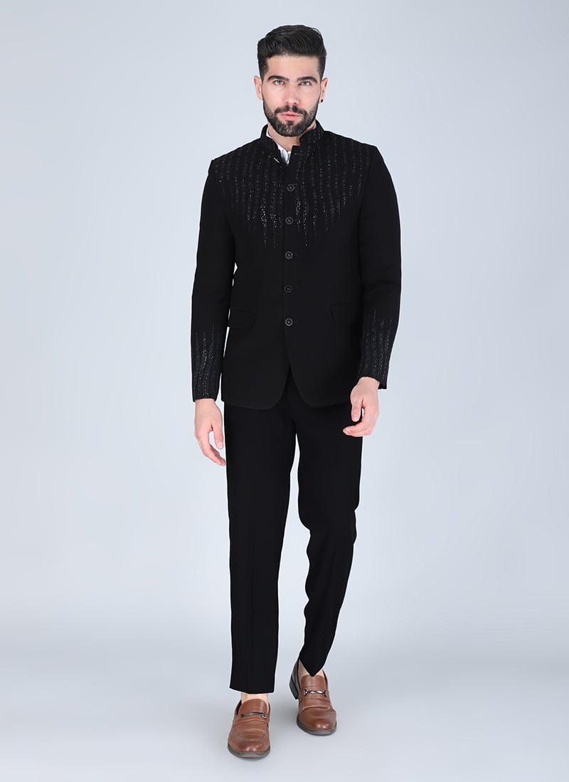 Black Polyester Cotton Sequins Beads Bandhgala Suit Wedding Wear