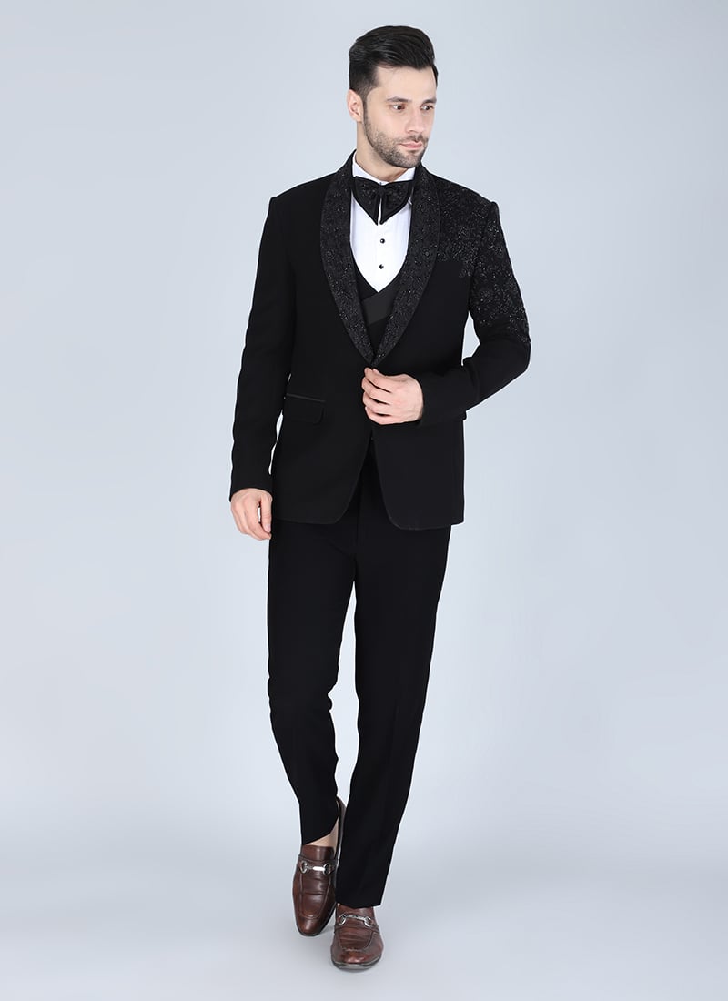 Black Polyester Cotton Sequins Beads Tuxedo Suit Wedding Wear