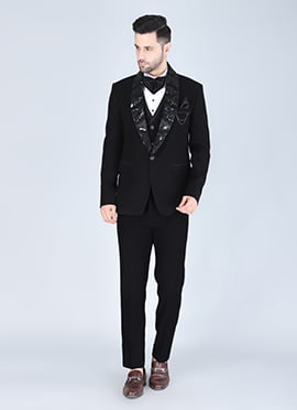 Black Polyester Cotton Sequins Beads Tuxedo Suit