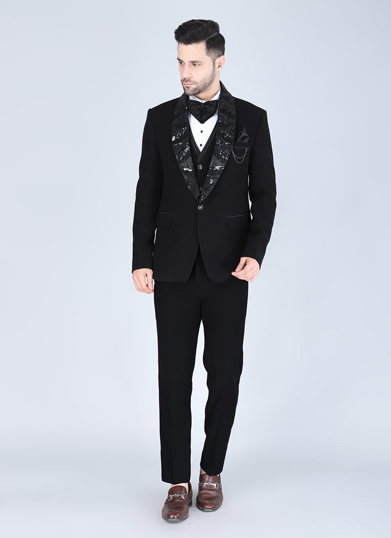 Black Polyester Cotton Sequins Beads Tuxedo Suit Wedding Wear