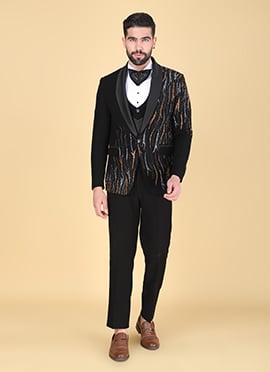 Black Polyester Cotton Stones Tuxedo Suit