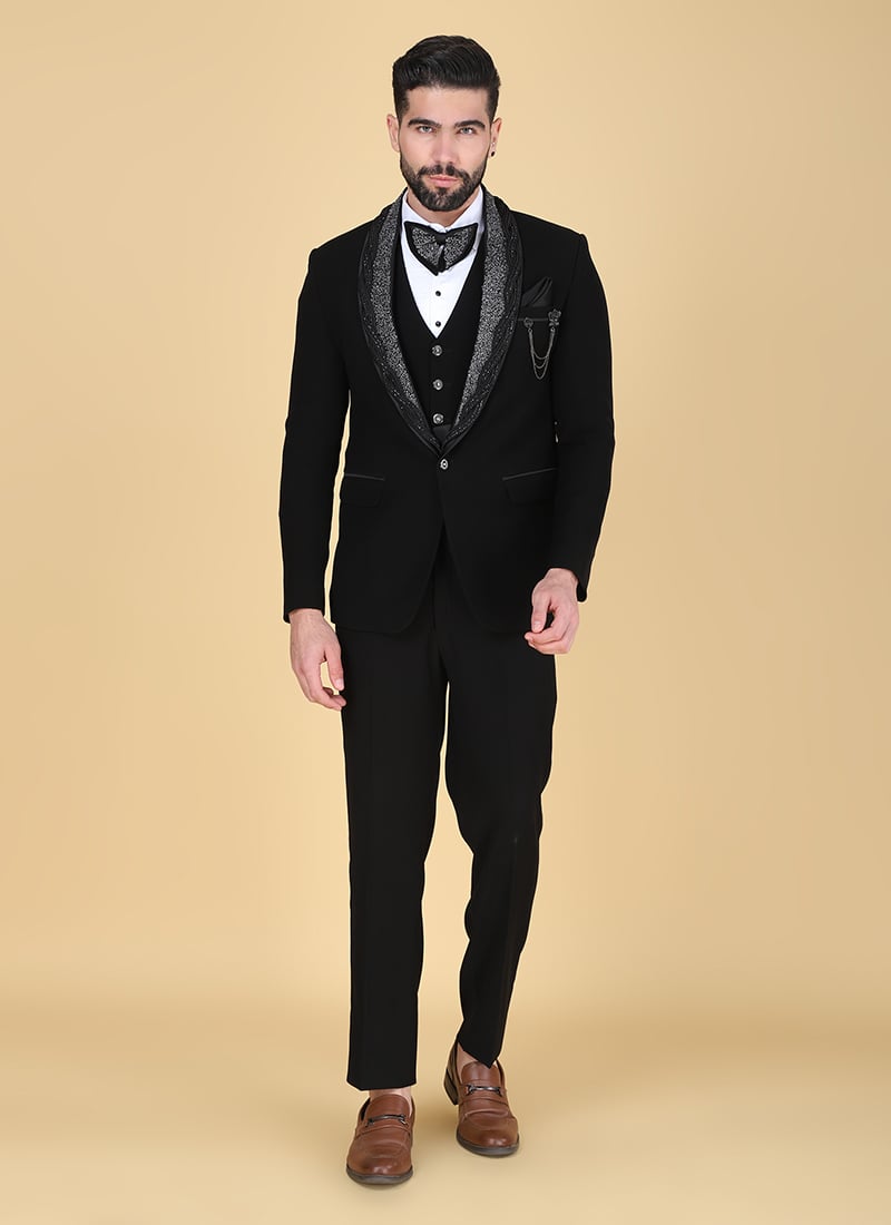 Black Polyester Cotton Stones Zari Beads Tuxedo Suit Wedding Wear