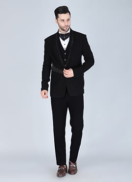 Black Polyester Cotton Tuxedo Suit