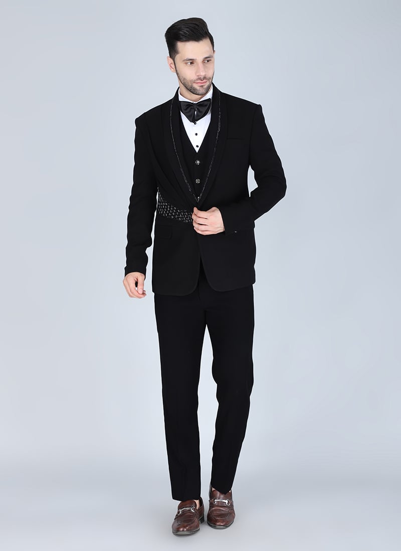Black Polyester Cotton Tuxedo Suit Wedding Wear