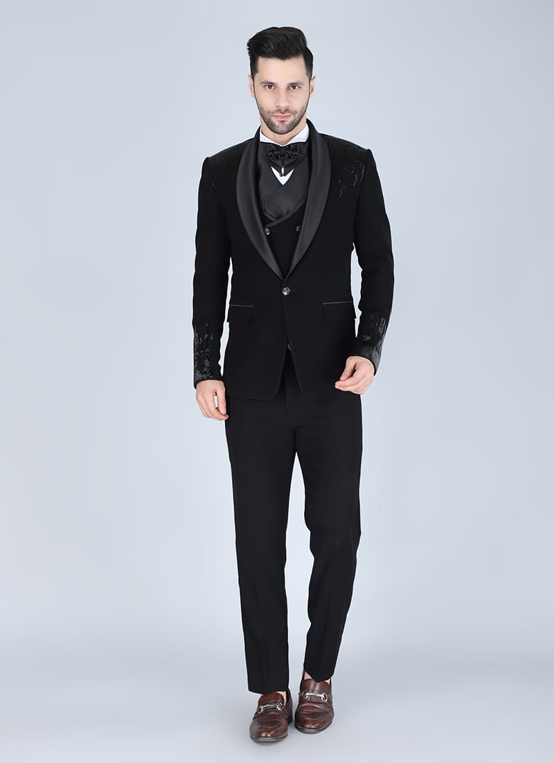 Black Polyester Cotton Tuxedo Suit Wedding Wear