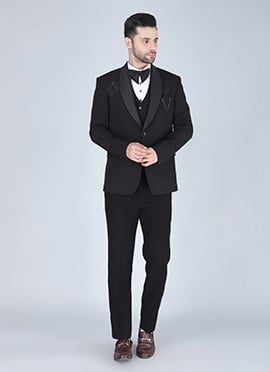 Black Polyester Cotton Tuxedo Suit