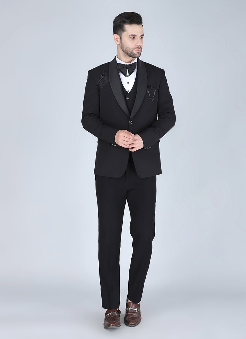 Black Polyester Cotton Tuxedo Suit Wedding Wear