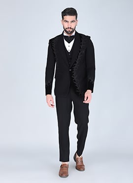 Black Polyester Cotton Zardosi Beads Embroidered Tuxedo Suit