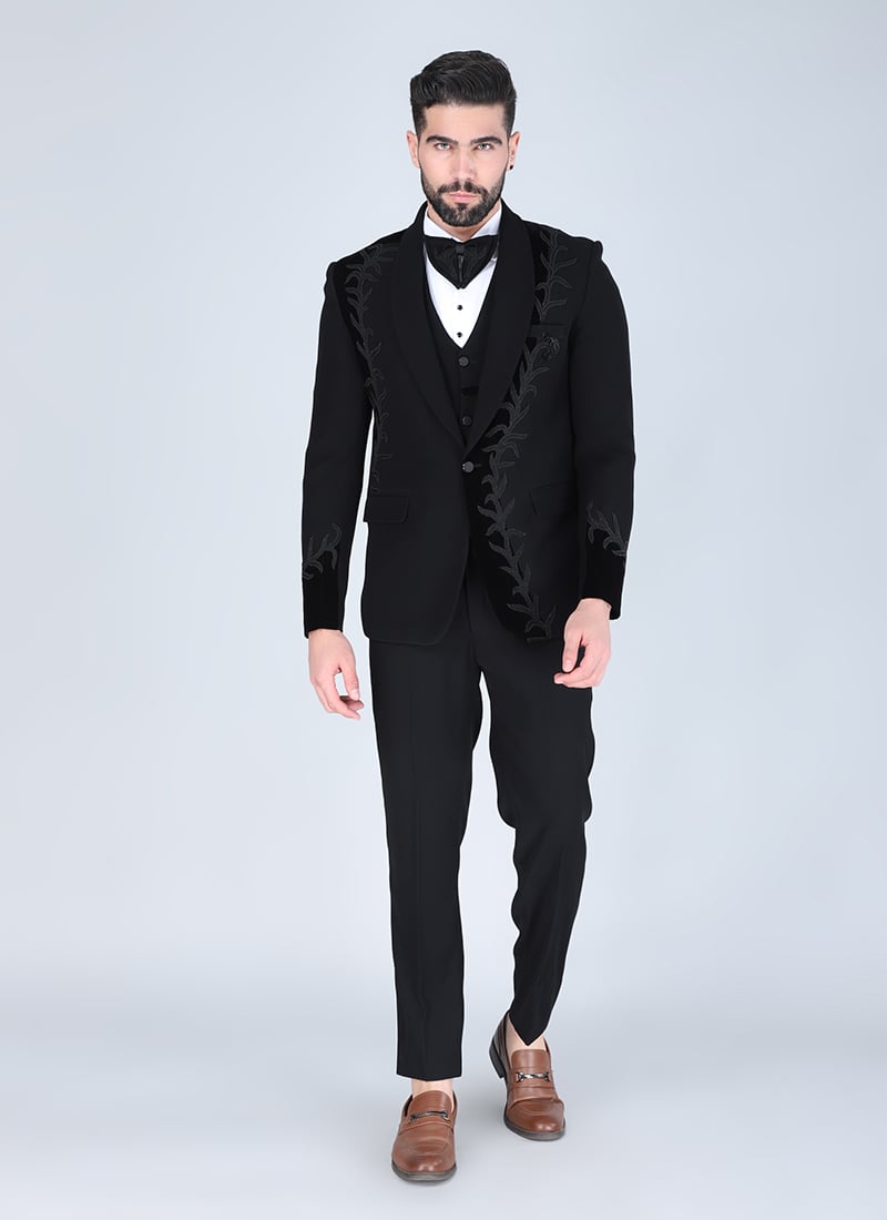 Black Polyester Cotton Zardosi Beads Embroidered Tuxedo Suit Wedding Wear