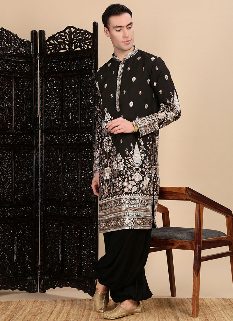 Black Polyester Zari Kurta