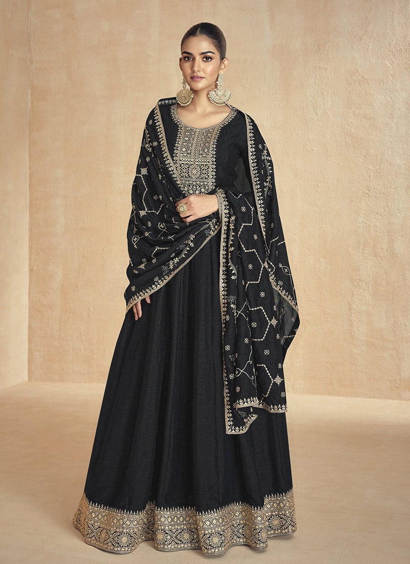 Black Premium Silk Zari Embroidered Sequins Anarkali Suit