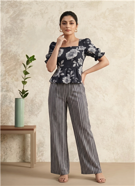 Black Printed Cotton Co Ord Pant Set