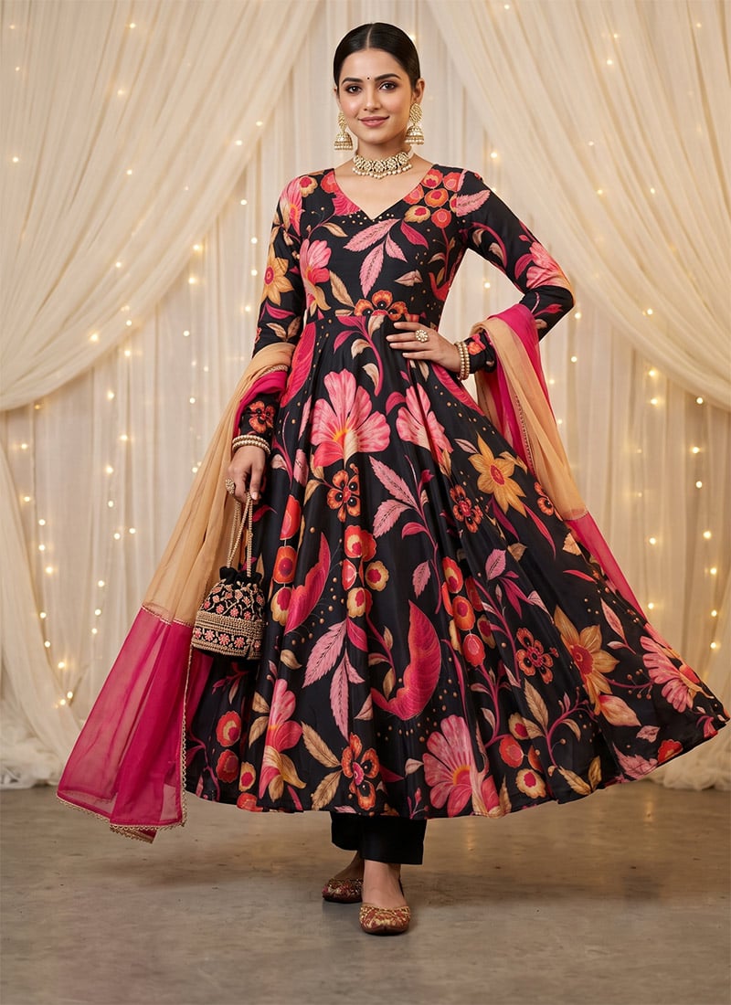 Black Printed Silk Anarkali Suit Festive Wear