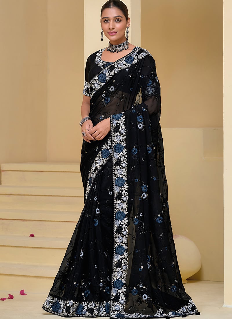 Black Pure Banarasi Tuscany Embroidered Sequins Beads Work Saree Wedding Wear