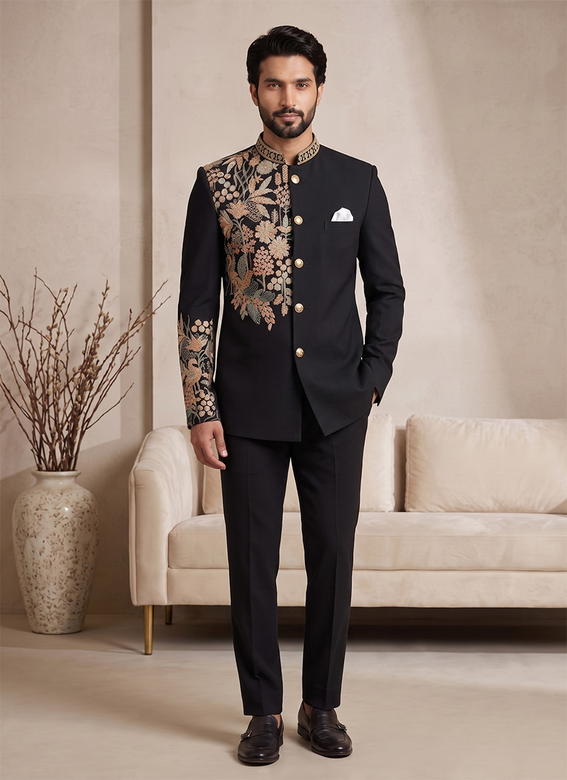 Black Pure Lachka Embroidered Jodhpuri Suit Set Wedding Wear