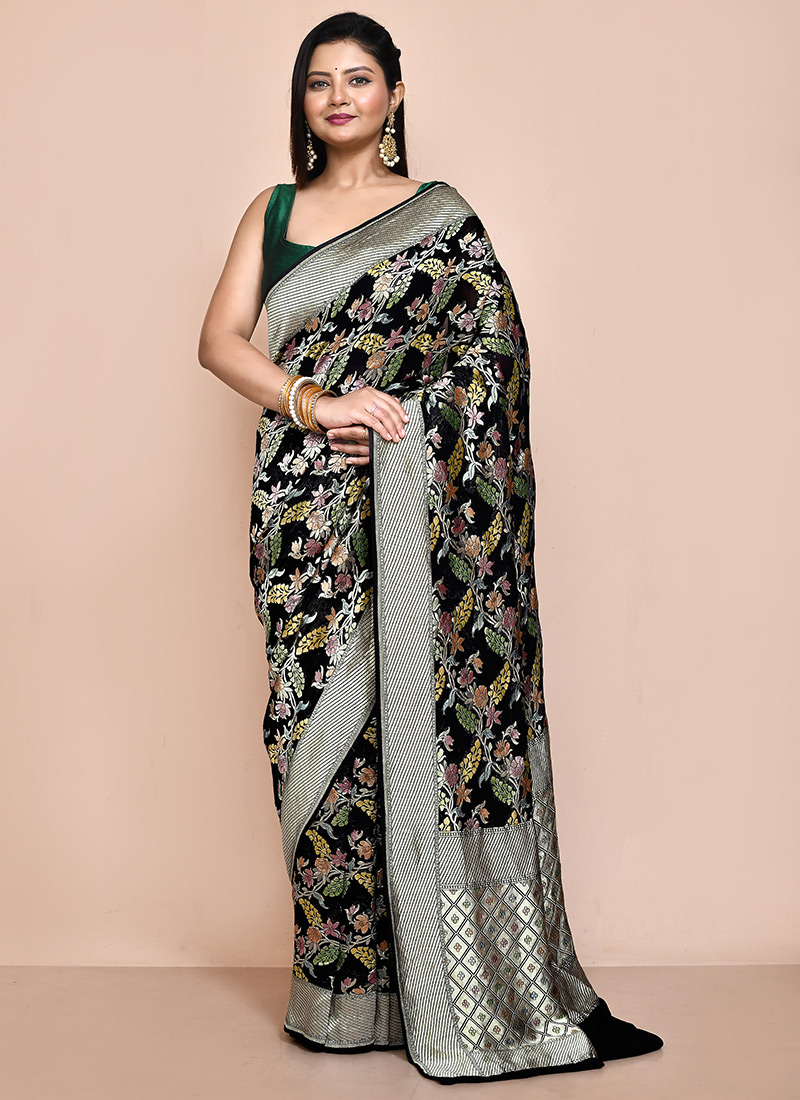 Black Pure Silk Woven Zari Indian Traditional Saree Festive Wear-SAVNS303