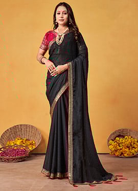 Black Rangoli Silk Embroidered Sequins Tikki Work Saree