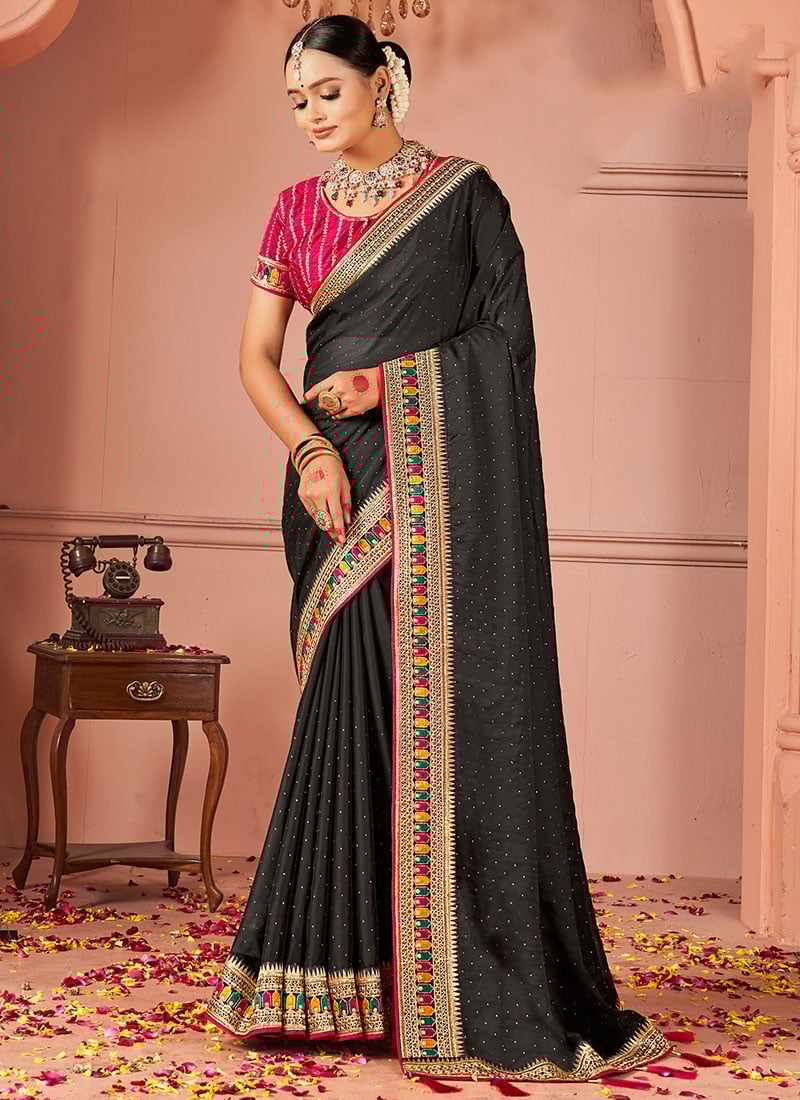 Black Rangoli Silk Embroidered Sequins Zari Saree Festive Wear