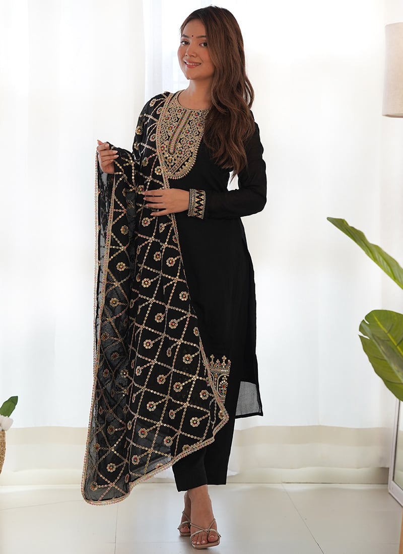 Black Rangoli Silk Straight Pant Suit With Zari Embroidery Sequins Festive Wear