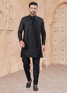 Black Raw Silk Embroidered Sequins Jacket Style Indowestern Sherwani