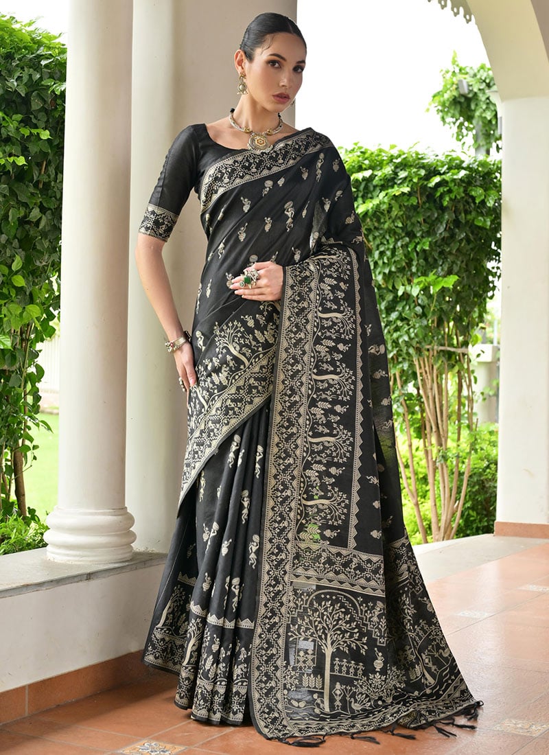 Black Raw Silk Handloom Woven Saree Festive Wear