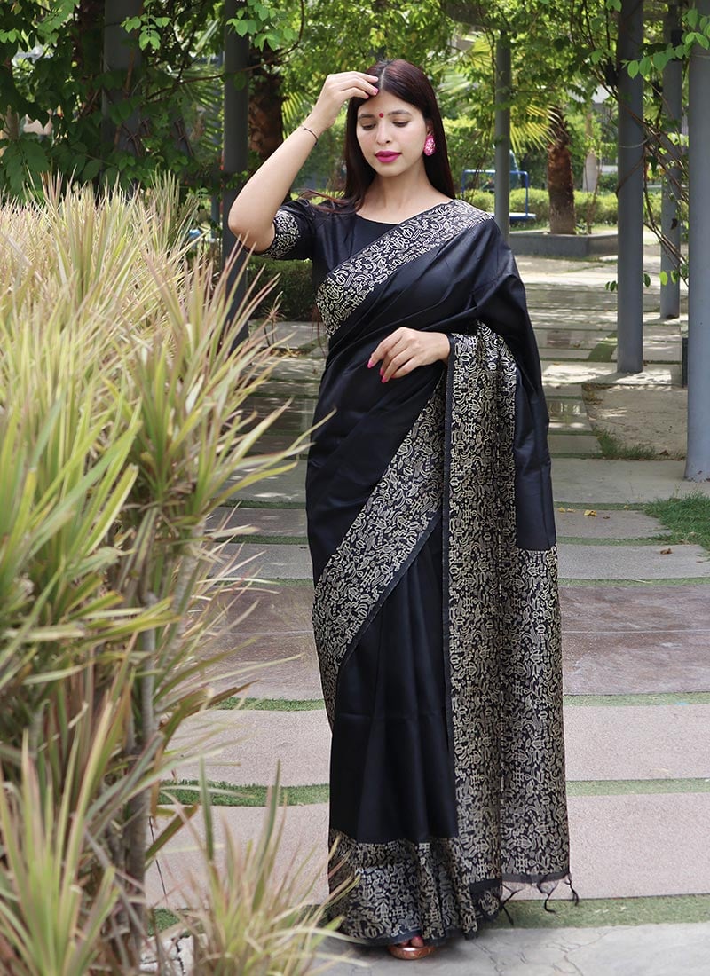 Black Raw Silk Printed Saree Festive Wear