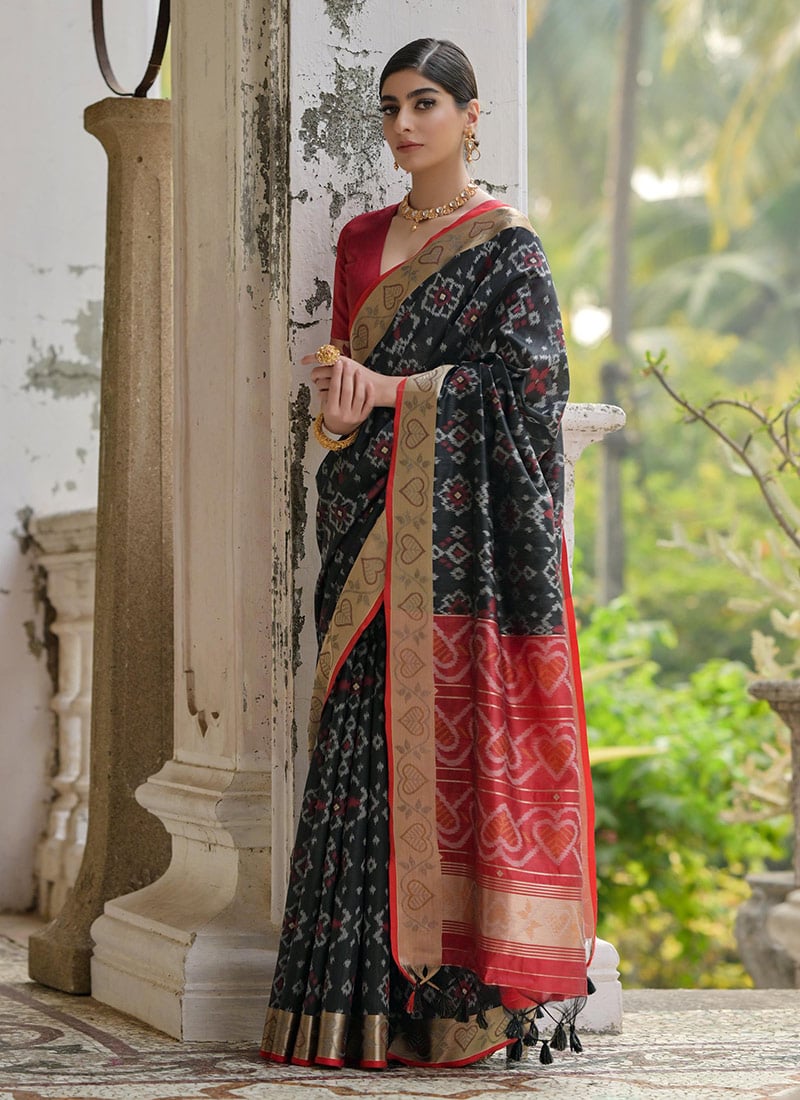 Black Raw Silk Zari Resham Woven Ikat Print Saree Festive Wear