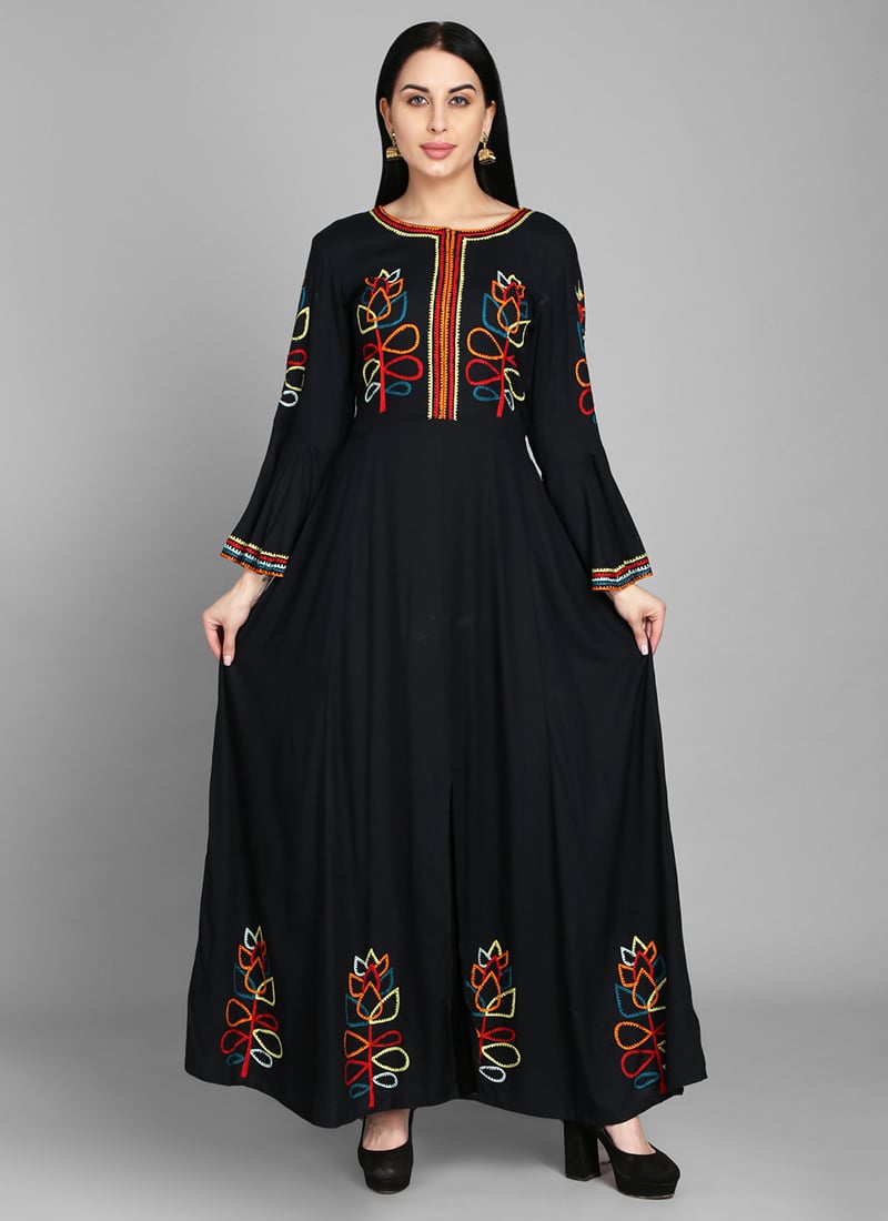 Black Rayon Aari Work Long Kurti Festive Wear
