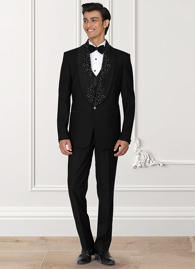 Black Rayon Beads Hand Embroidered Suit Wedding Wear