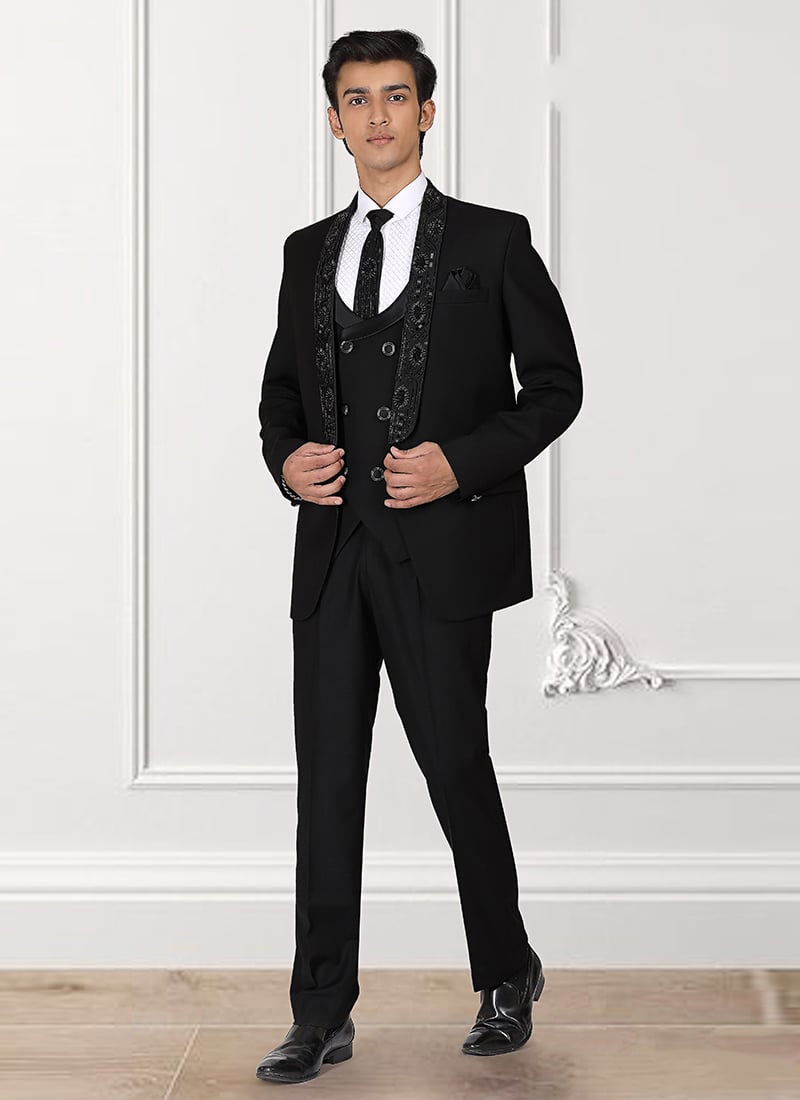 Black Rayon Beads Hand Embroidered Suit Wedding Wear