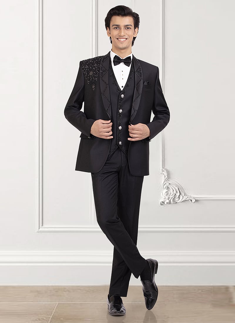 Black Rayon Beads Hand Embroidered Suit Wedding Wear