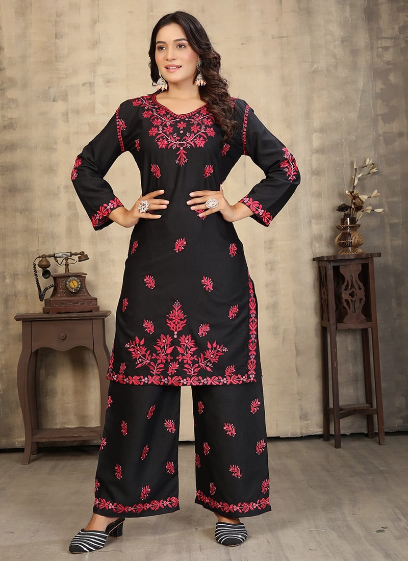 Black Rayon Chikankari Embroidered Kurta Palazzo Set