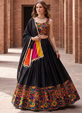 Navratri Elegance Black Rayon Cotton Mirror Work Embroidered Chaniya Choli