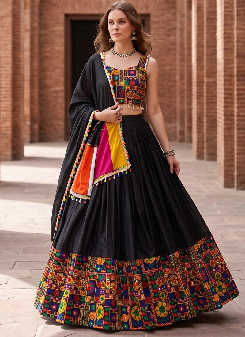 Navratri Elegance Black Rayon Cotton Mirror Work Embroidered Chaniya Choli Festive Wear