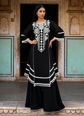 Black Rayon Cotton Mirror Work Indowestern Palazzo Set